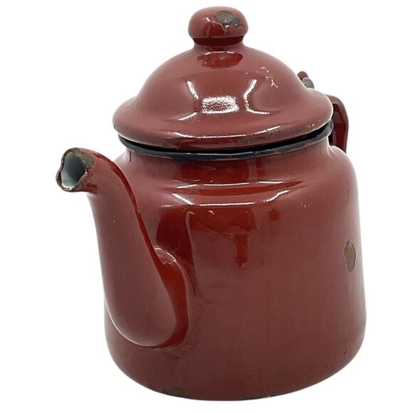 Brown Tea Pot With Hinged Lid Small Enamelware Vintage Farmhouse Decor - Picture 5 of 9